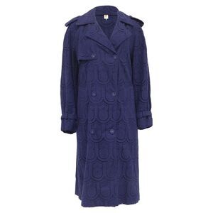 Farm Rio Eyelet Double-Breasted Trench Coat in Navy Blue Cotton
